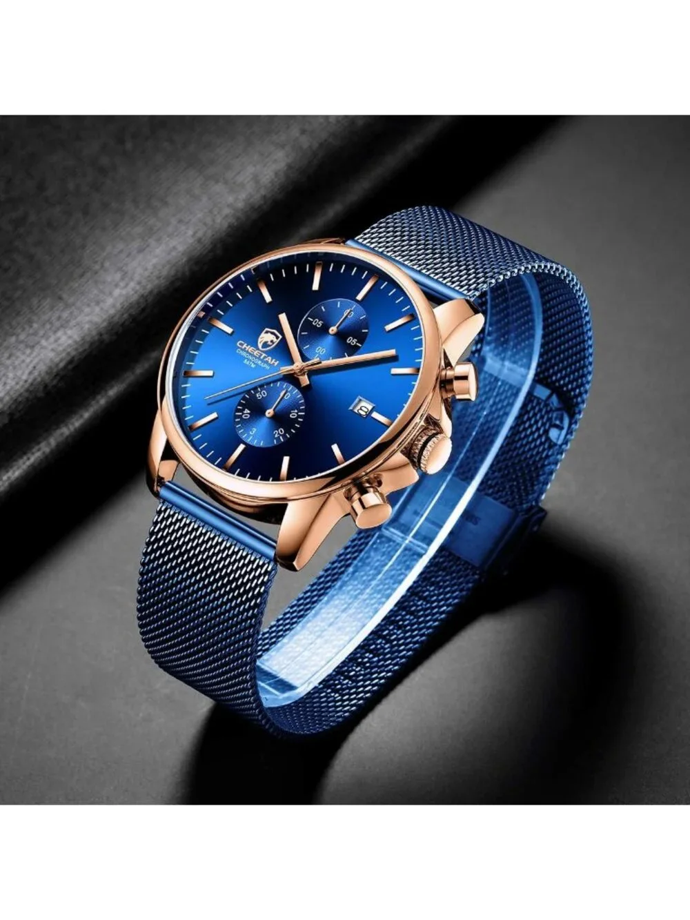 Men's Rose Blue Mesh Stainless Steel Minimalist Quartz Analog Chronograph Watch